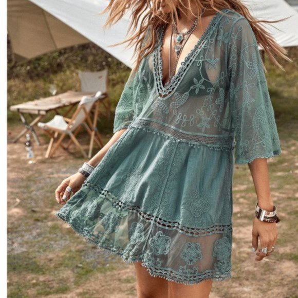 *RESTOCKED* Boho Lace Plunging Cover Up Green - Picture 6 of 7